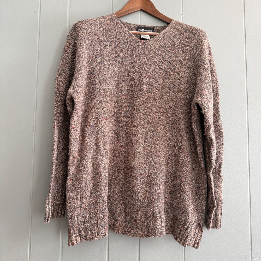 Sag Harbor Vintage 90s Brown Multi Color Fleck Ramie Wool V-Neck Sweater Large